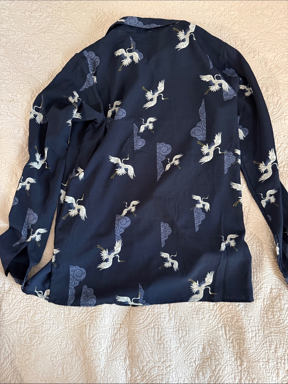 T Tahari Navy Crane-Print Button-Up Shirt - Picture 5 of 5